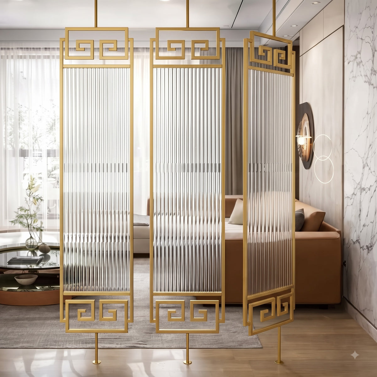 Luxury Golden Frame Geometric Room Divider with Ribbed Glass & Mirror Accents