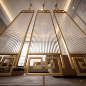Luxury Golden Frame Geometric Room Divider with Ribbed Glass & Mirror Accents