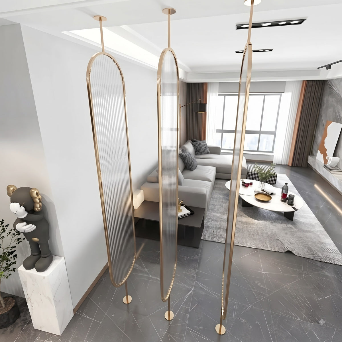 Luxury Golden Frame Room Divider with Frosted Ribbed Glass Panels
