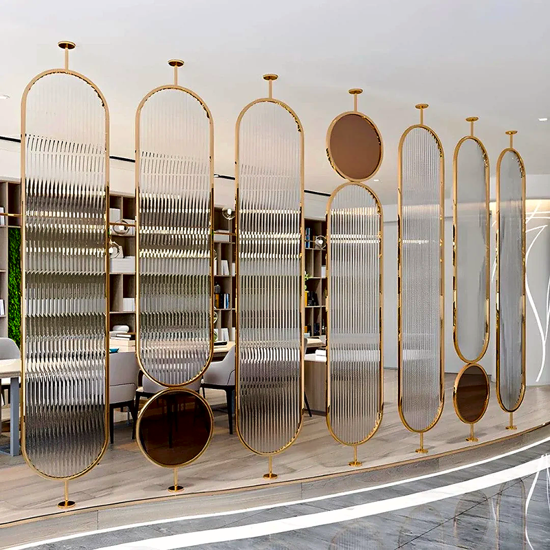 Luxury Golden Frame Room Divider with Ribbed Glass & Mirror Accents