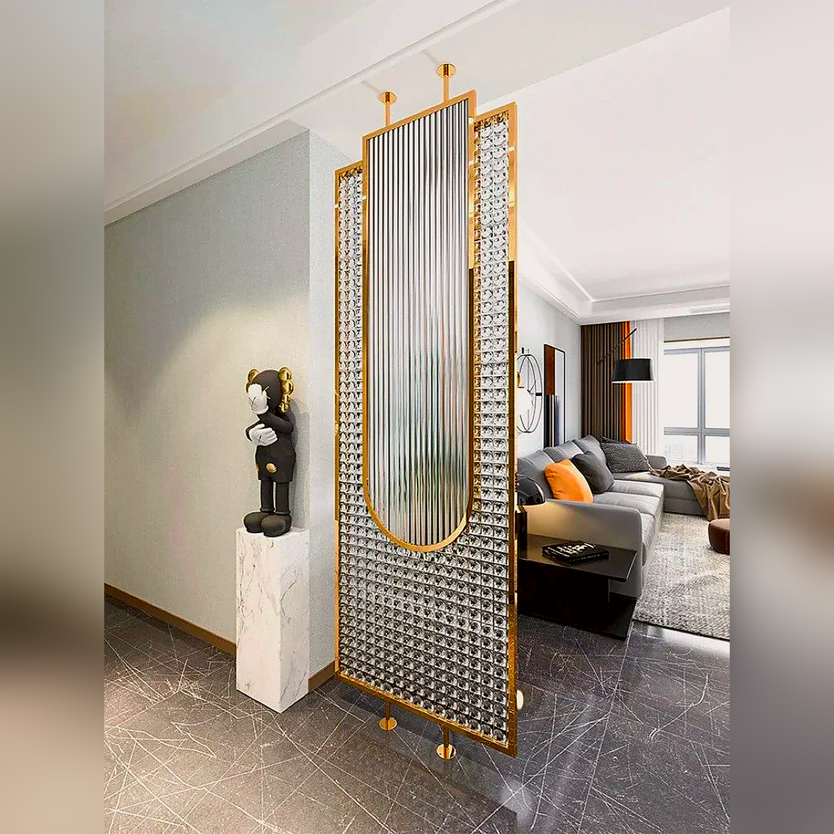 Luxury Golden Frame Ribbed & Crystal Glass Room Divider