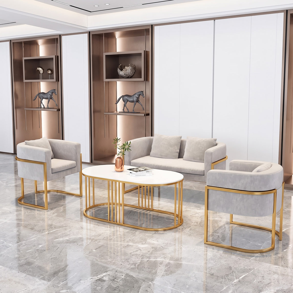 Luxury Modern Living Room Sofa Set with Gold Metal Frame and Oval Coffee Table