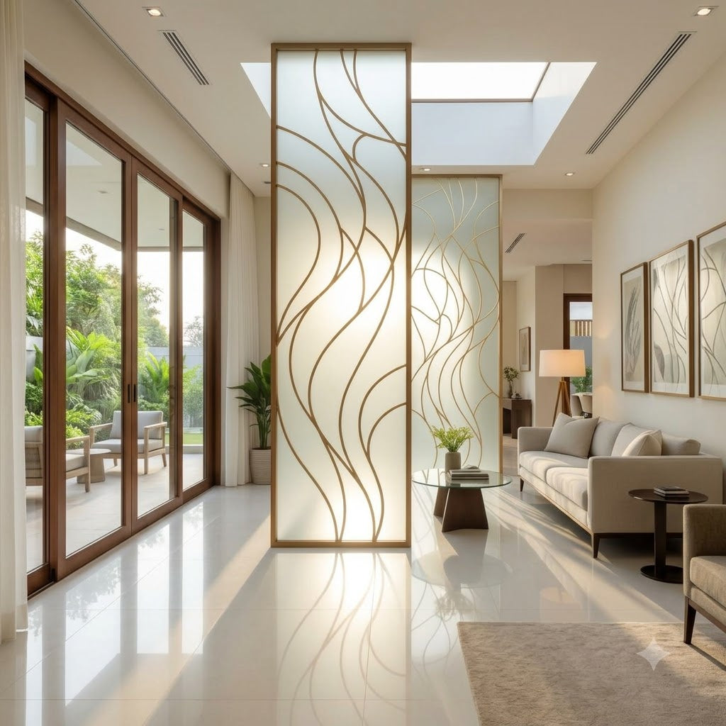 Modern Gold Wave Pattern Room Divider – Elegant Decorative Glass Partition