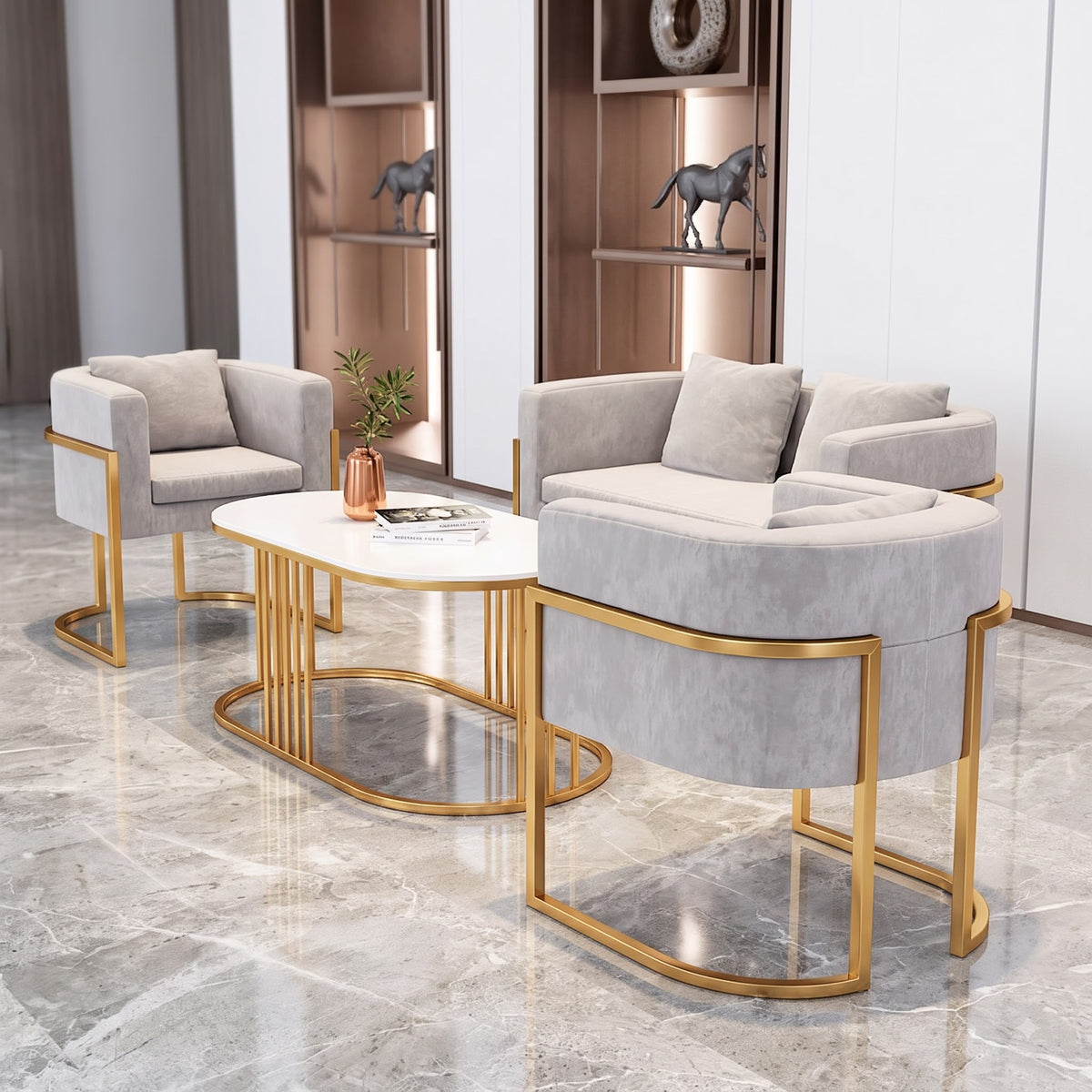 Luxury Modern Living Room Sofa Set with Gold Metal Frame and Oval Coffee Table