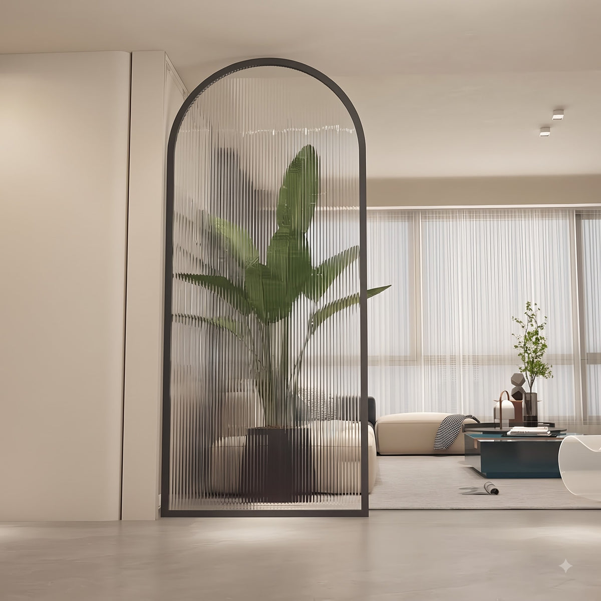 Modern Black Arch Ribbed Glass Room Divider – Luxury Minimalist Decorative Partition for Contemporary Interiors