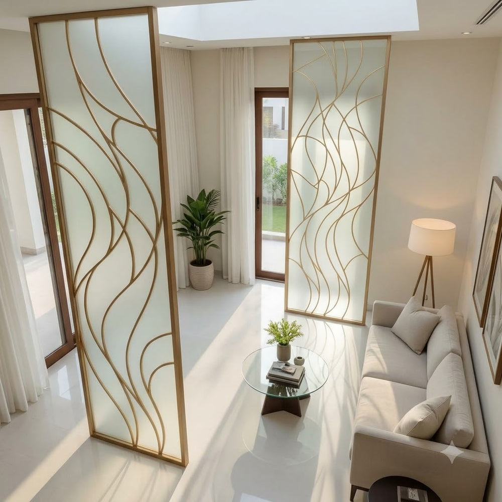 Modern Gold Wave Pattern Room Divider – Elegant Decorative Glass Partition