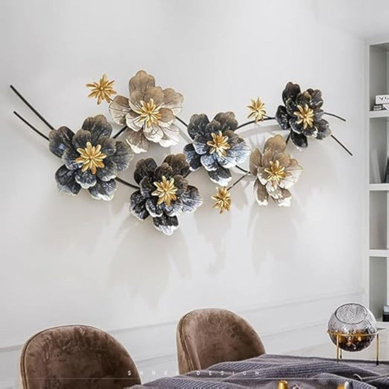 Luxury 3D Floral Metal Wall Art – Gold & Black-Blue Statement Decor - gold-finished metal wall art for living room wall - view 1 | Kraft Vision