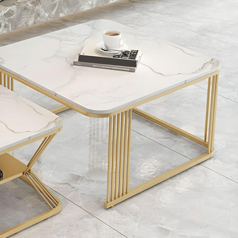 Luxury White Marble Square Coffee Table Set with Golden Frame (2 Pieces) - marble center table for living room - view 1 | Kraft Vision