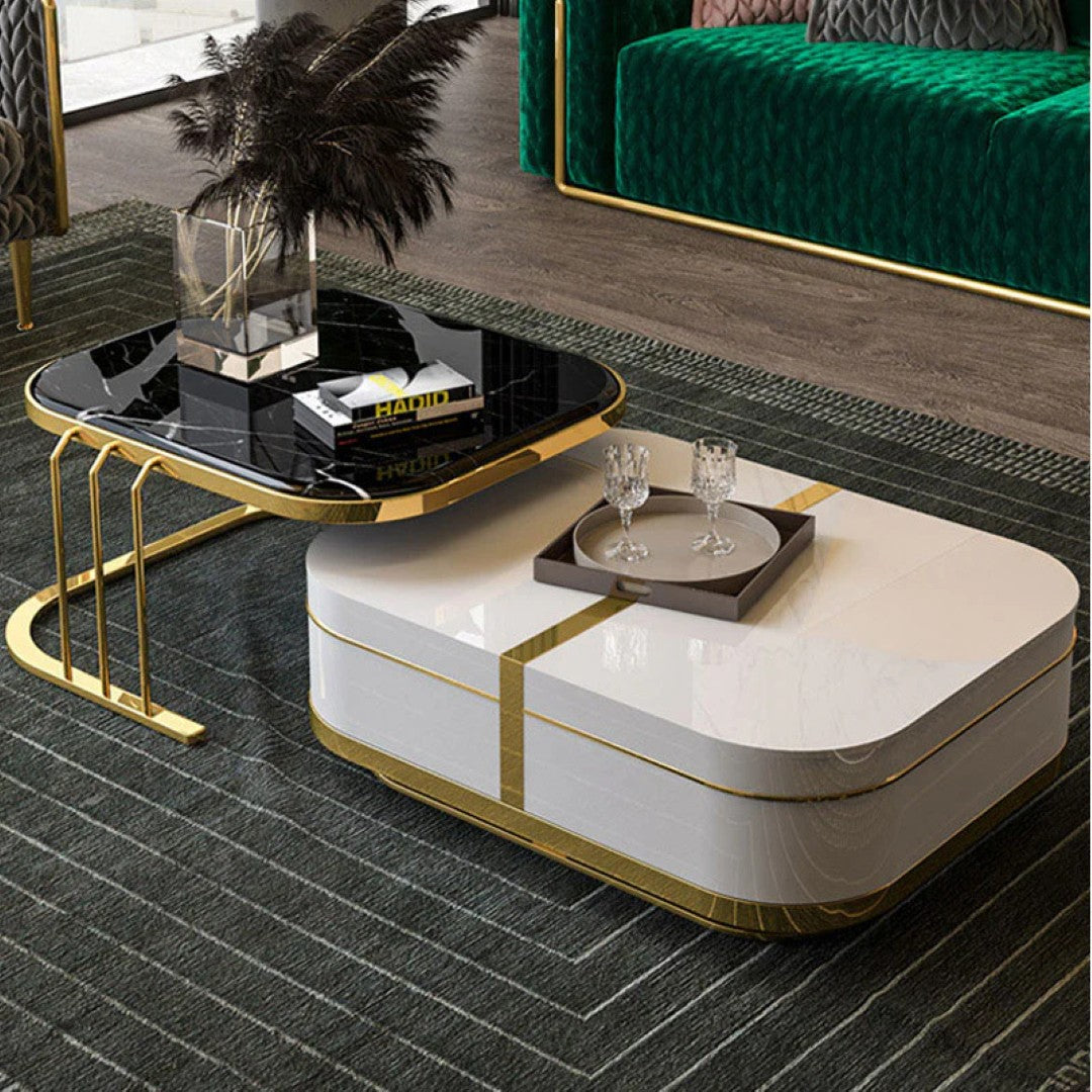 Luxury Black & White Marble Coffee Table Set with Golden Accents