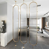 Luxury Golden Frame Room Divider with Frosted Ribbed Glass Panels - gold-finished metal Room Divider for living room - view 1 | Kraft Vision