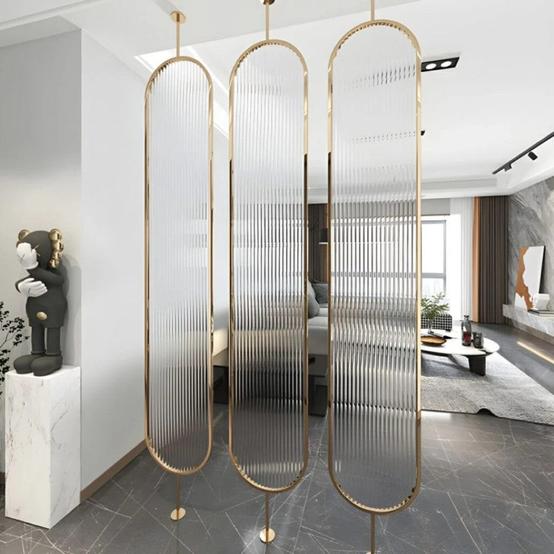 Luxury Golden Frame Room Divider with Frosted Ribbed Glass Panels - gold-finished metal Room Divider for living room - view 1 | Kraft Vision