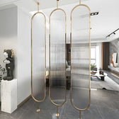 Luxury Golden Frame Room Divider with Frosted Ribbed Glass Panels - gold-finished metal Room Divider for living room - view 2 | Kraft Vision