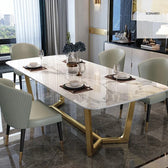 Luxury Marble Dining Table with Gold Stainless Steel Base & Upholstered Chairs - marble dining table for dining room - view 2 | Kraft Vision