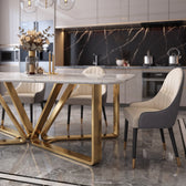Luxury White Marble Dining Table with Gold Metal Base & Upholstered Chairs
