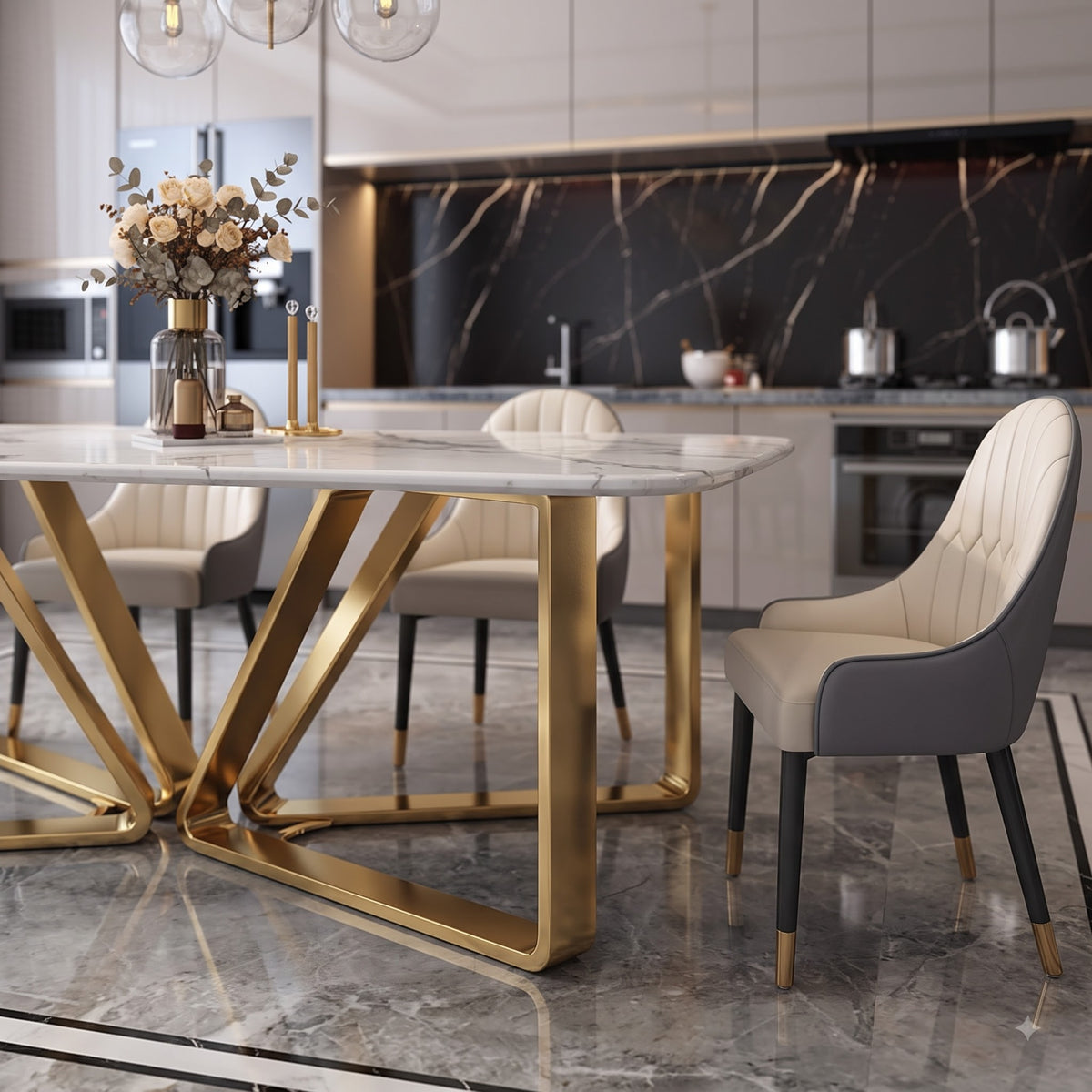Luxury White Marble Dining Table with Gold Metal Base & Upholstered Chairs