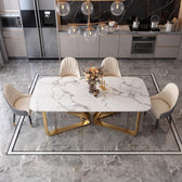 Luxury White Marble Dining Table with Gold Metal Base & Upholstered Chairs