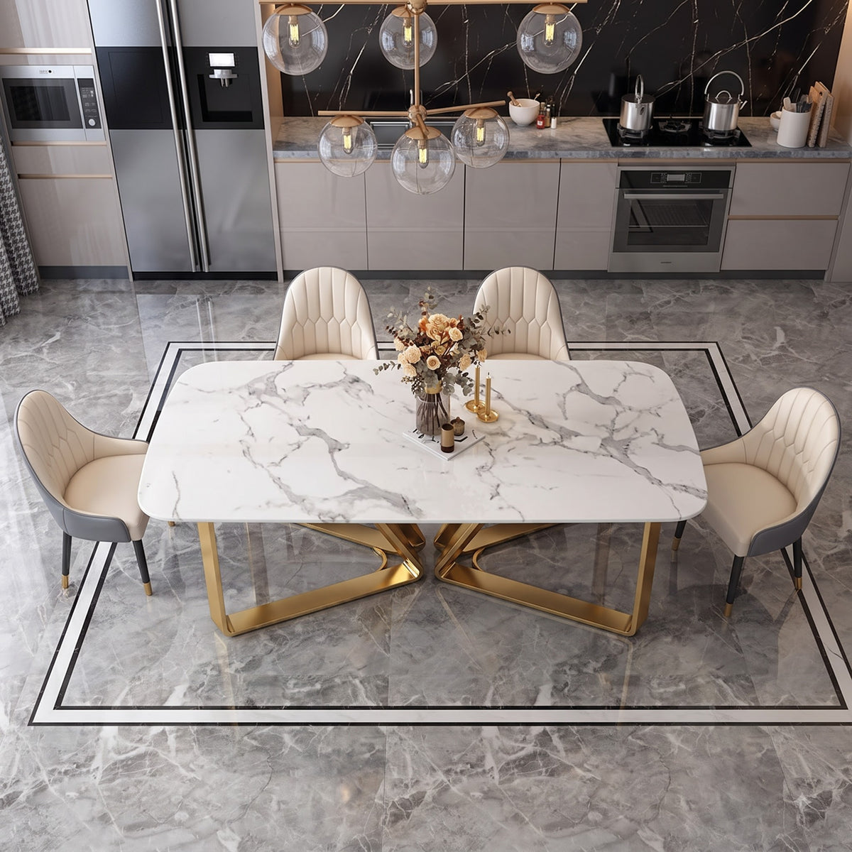 Luxury White Marble Dining Table with Gold Metal Base & Upholstered Chairs