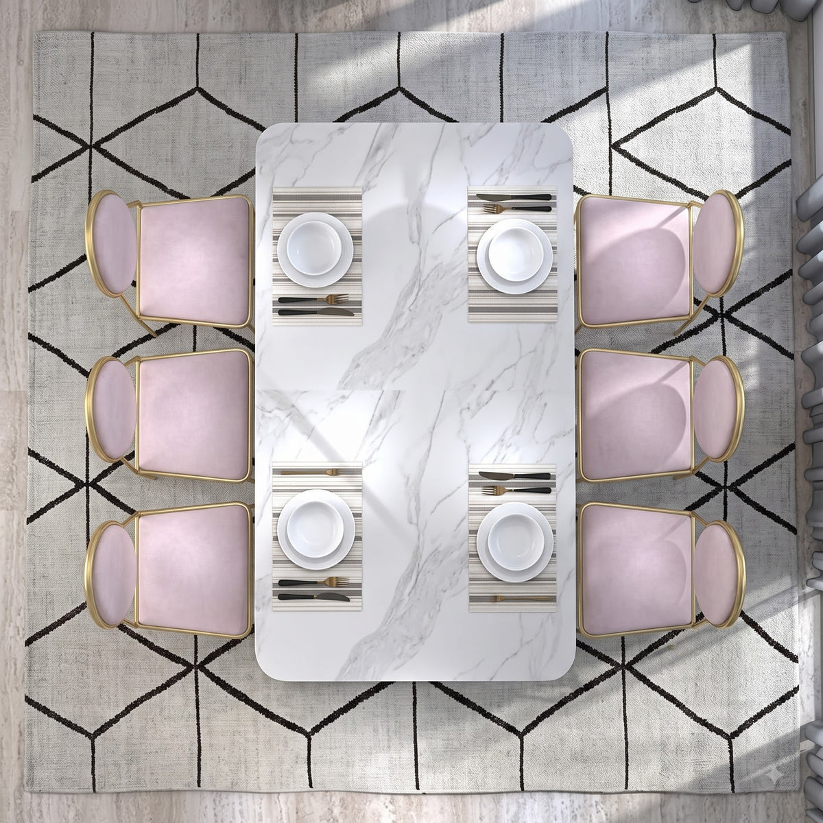 Luxury White Marble Dining Table Set with Gold Geometric Base and Pink Upholstered Chairs