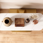 Luxury Gold Console Table with White Marble-Look Top and Sculptural Teardrop Pedestal Base – Modern Designer Entryway Table for Living Room, Hallway, Foyer and Elegant Home Decor