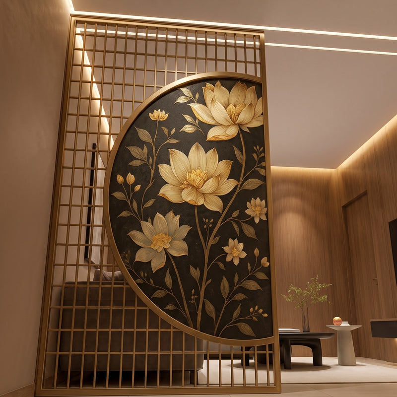 Luxury Golden Lotus Decorative Room Divider | Premium Designer Partition