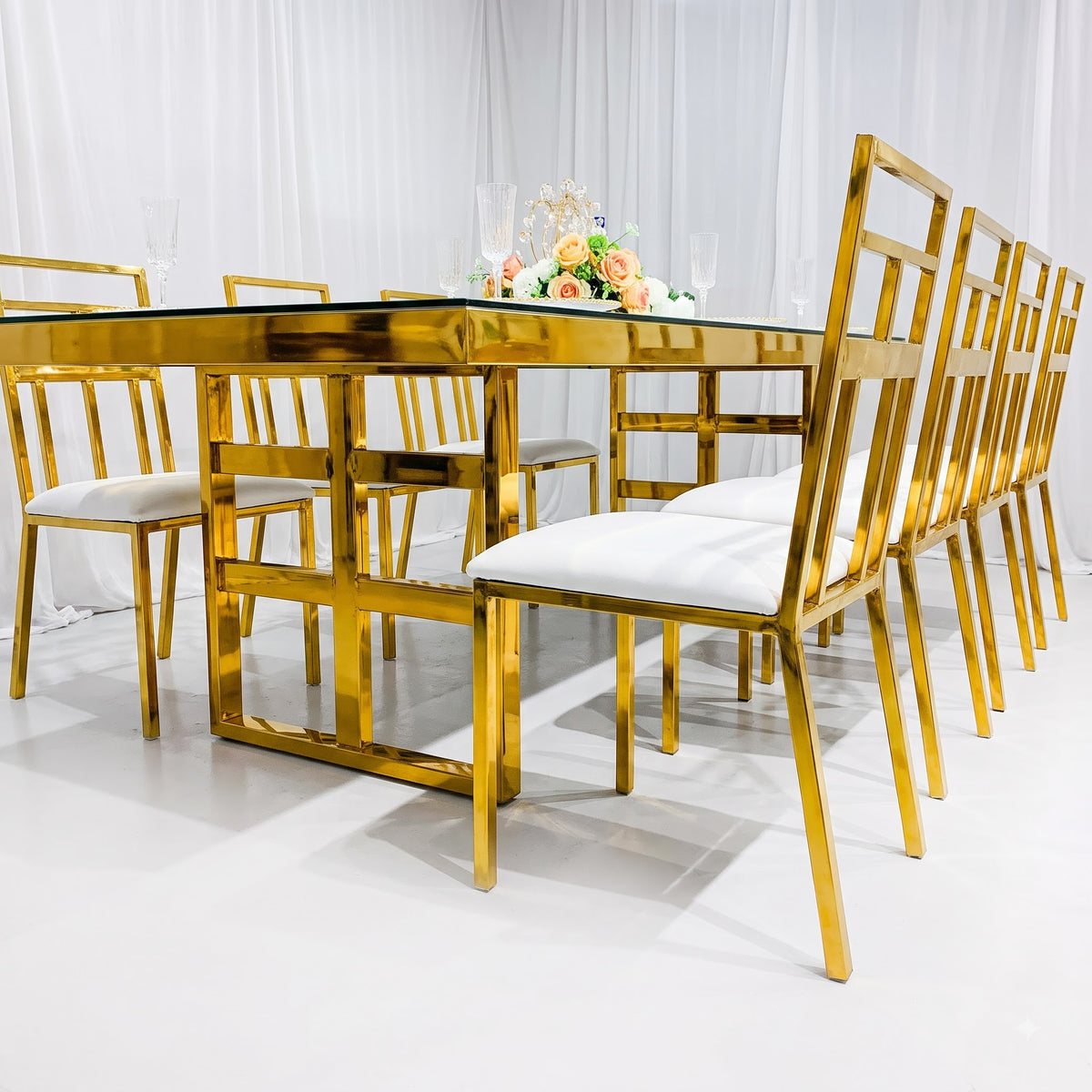 Luxury Gold Metal Dining Table Set with White Chairs | Modern Rectangular Dining Table with Elegant Golden Frame