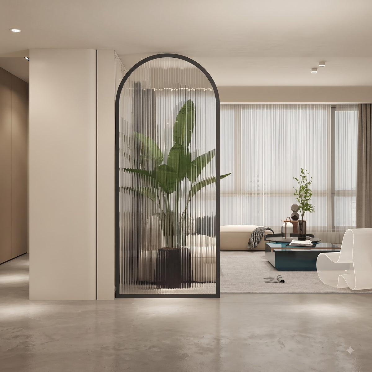 Modern Black Arch Ribbed Glass Room Divider – Luxury Minimalist Decorative Partition for Contemporary Interiors