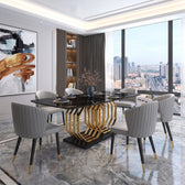 Premium Black Marble Dining Table Set with Geometric Gold Base and Modern Grey Chairs