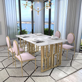 Luxury White Marble Dining Table Set with Gold Geometric Base and Pink Upholstered Chairs