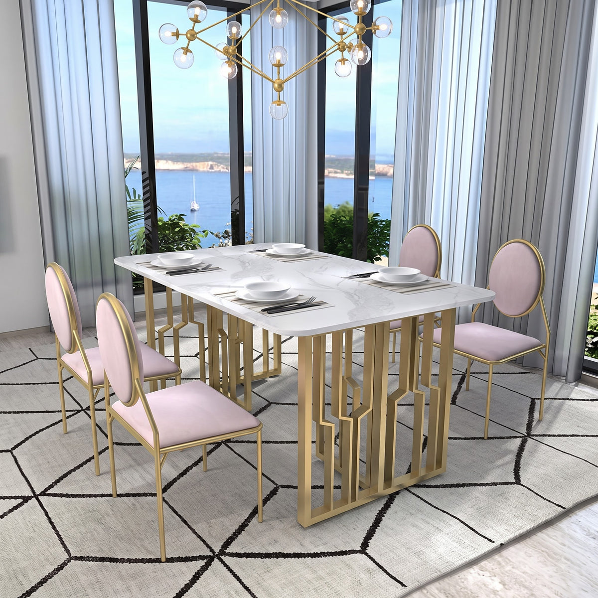 Luxury White Marble Dining Table Set with Gold Geometric Base and Pink Upholstered Chairs