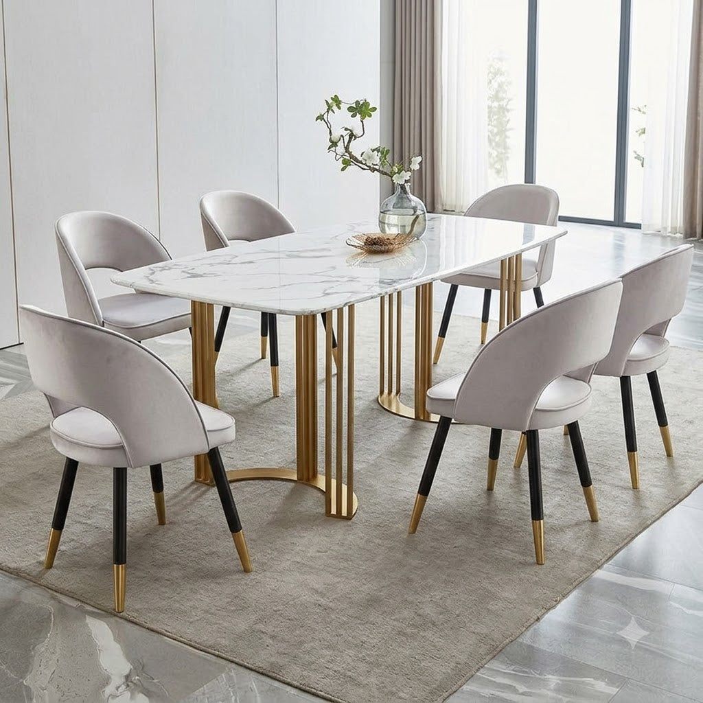 Modern Marble Dining Table Set with Gold Metal Legs and Elegant Upholstered Chairs