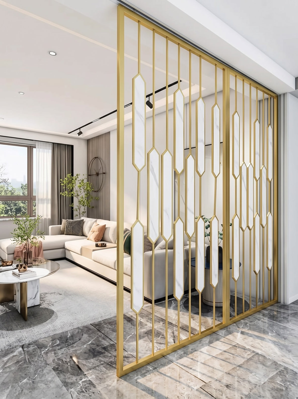 Luxury Golden Frame Marble Room Divider – Modern Geometric Decorative Partition for Living Room