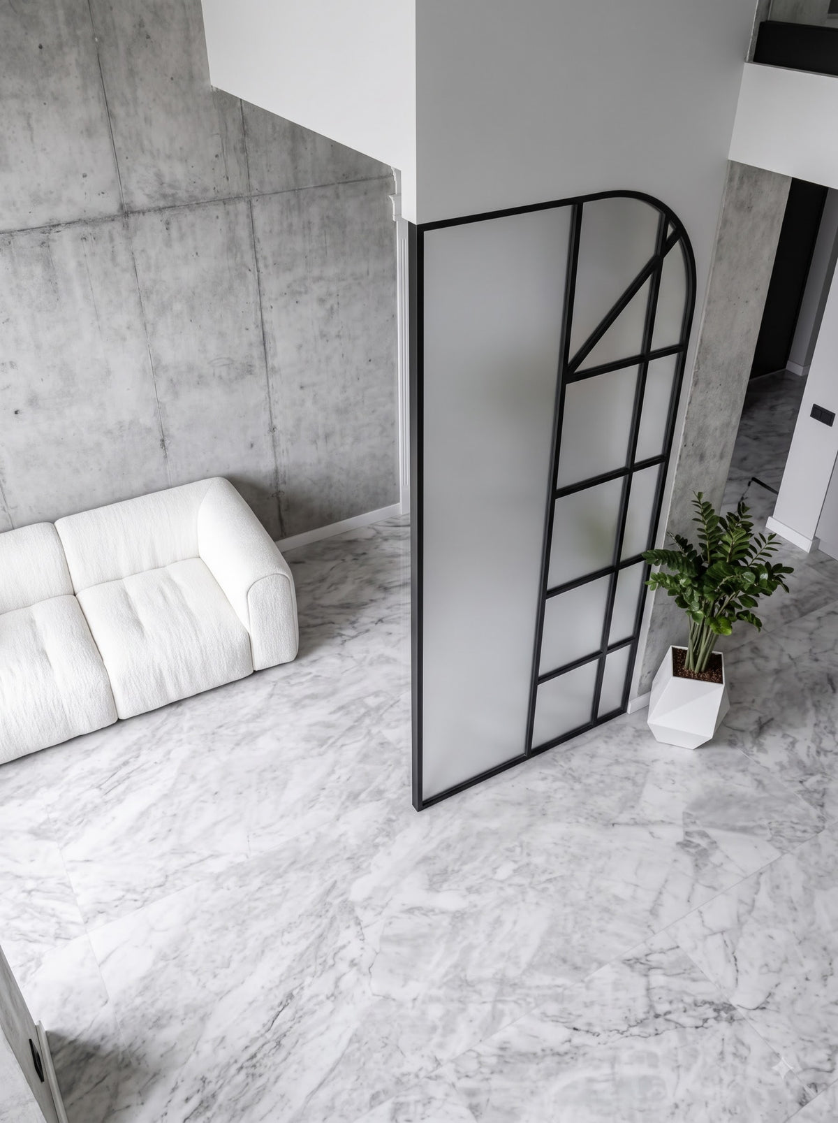 Modern Black Frame Arched Glass Room Divider – Luxury Frosted Glass & Geometric Designer Partition