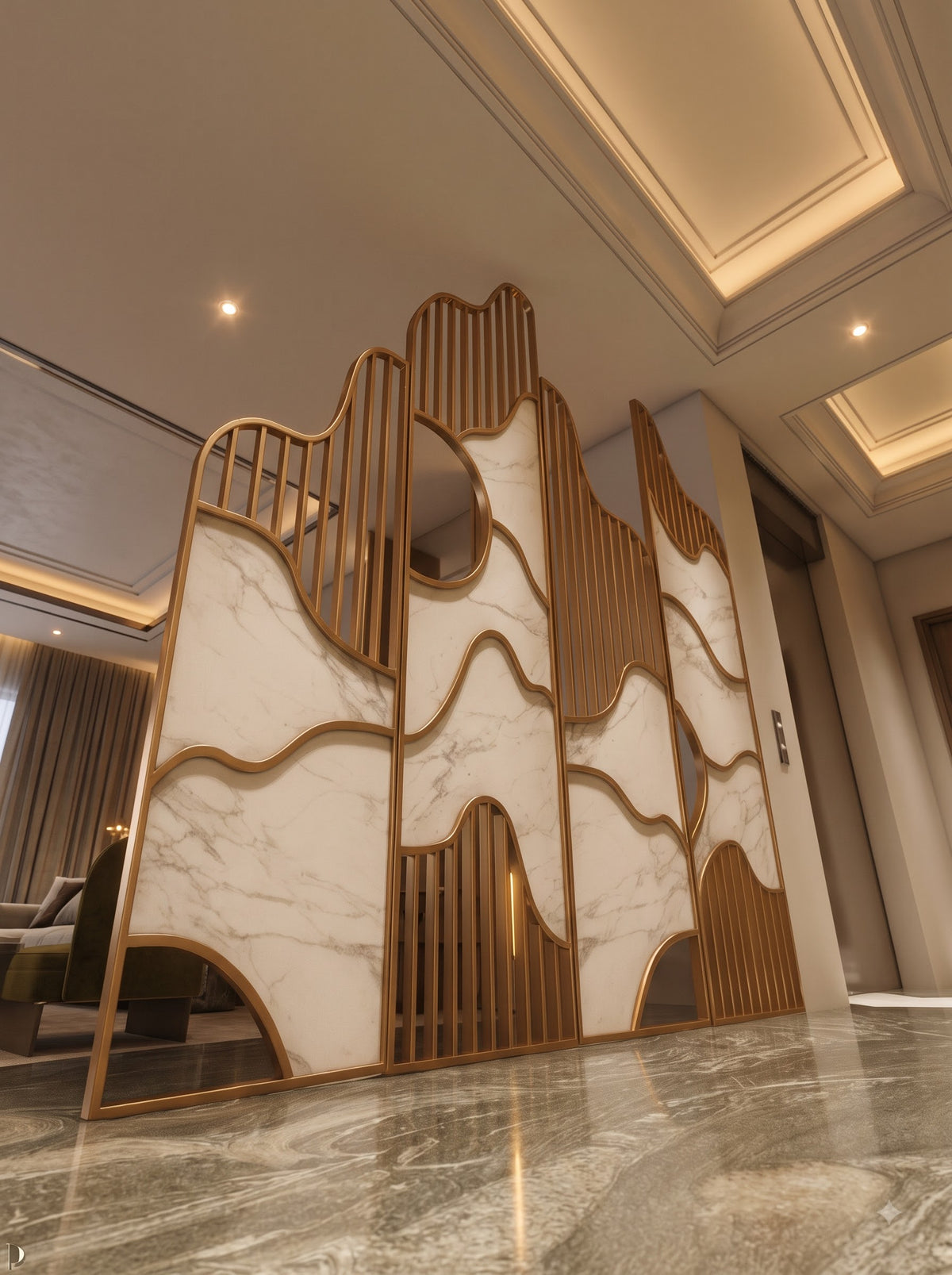 Luxury Golden Wavy Marble Room Divider – Modern Designer Decorative Partition Screen