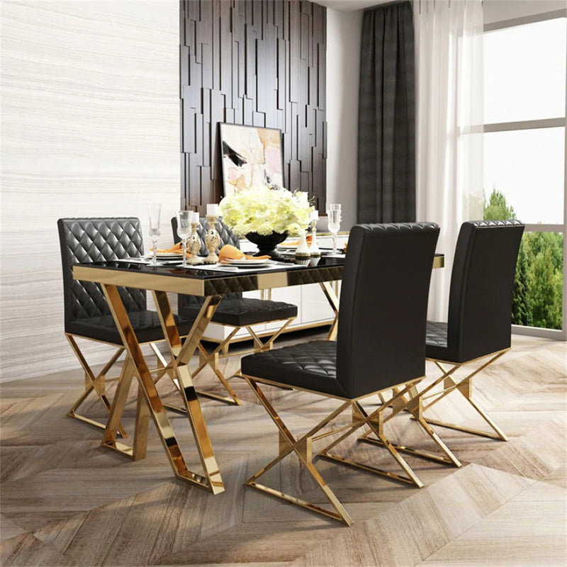 Modern Black Glass Dining Table with Gold X-Base & Quilted Leather Chairs (6-Seater) - gold-finished metal dining table for dining room - view 1 | Kraft Vision