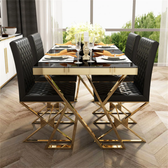 Modern Black Glass Dining Table with Gold X-Base & Quilted Leather Chairs (6-Seater) - gold-finished metal dining table for dining room - view 3 | Kraft Vision