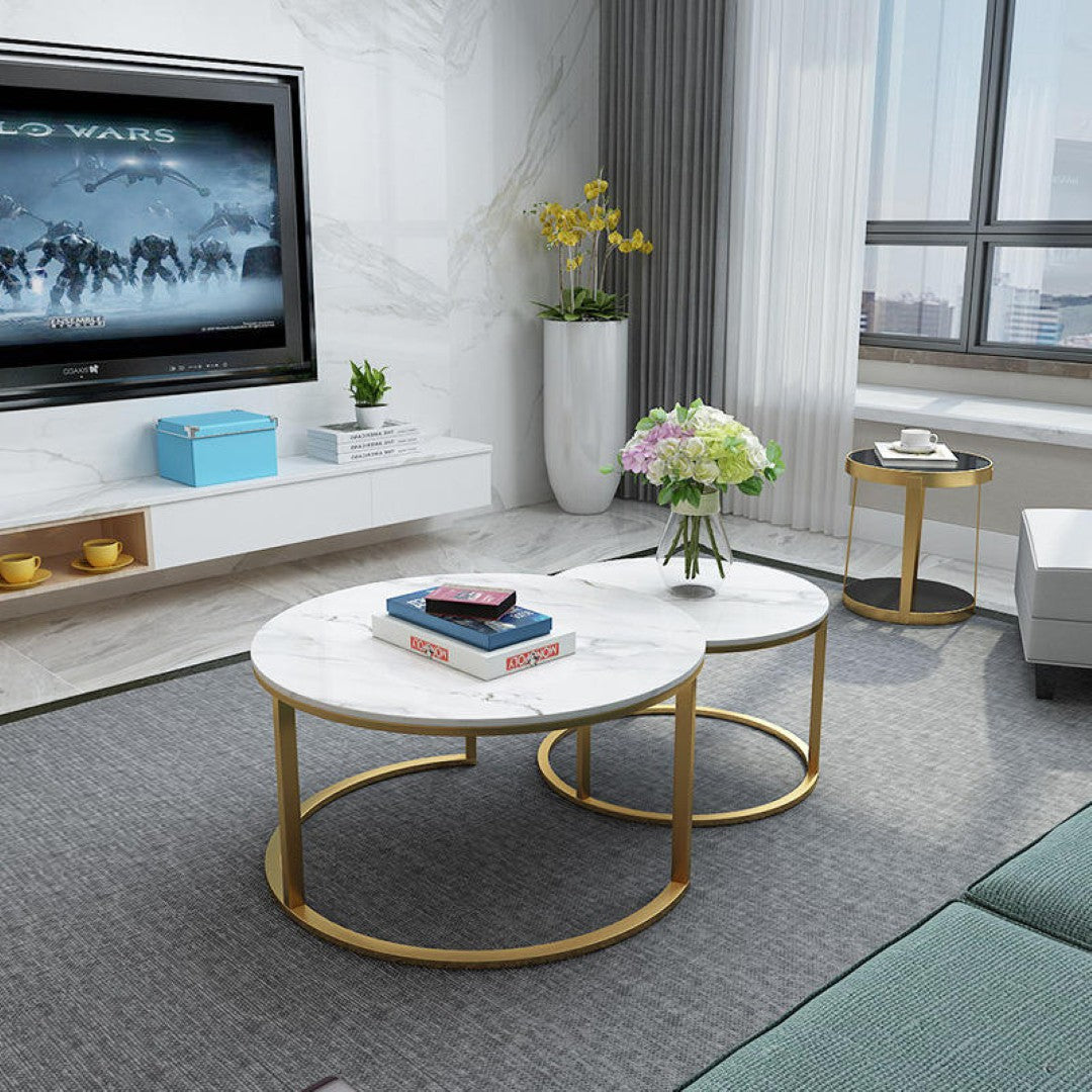 Modern Luxury Marble Coffee Table Set with Gold Accents – Living Room Centerpiece