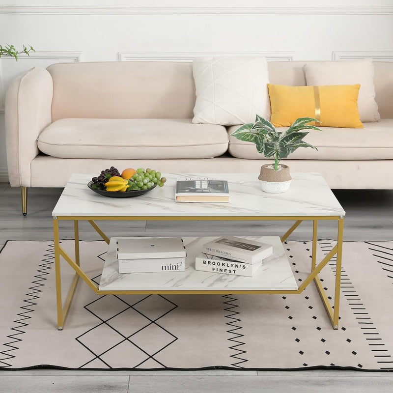 Modern White Marble Rectangular Coffee Table with Golden Frame & Shelf - marble center table for living room - view 1 | Kraft Vision