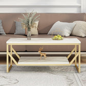 Modern White Marble Rectangular Coffee Table with Golden Frame & Shelf - marble center table for living room - view 2 | Kraft Vision