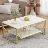 Modern White Marble Rectangular Coffee Table with Golden Frame & Shelf - marble center table for living room - view 4 | Kraft Vision