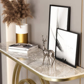 Luxury Gold Circular Console Table with Marble-Look Top and Sculptural Concentric Ring Base – Modern Designer Entryway Table for Living Room, Hallway, Foyer and Luxury Home