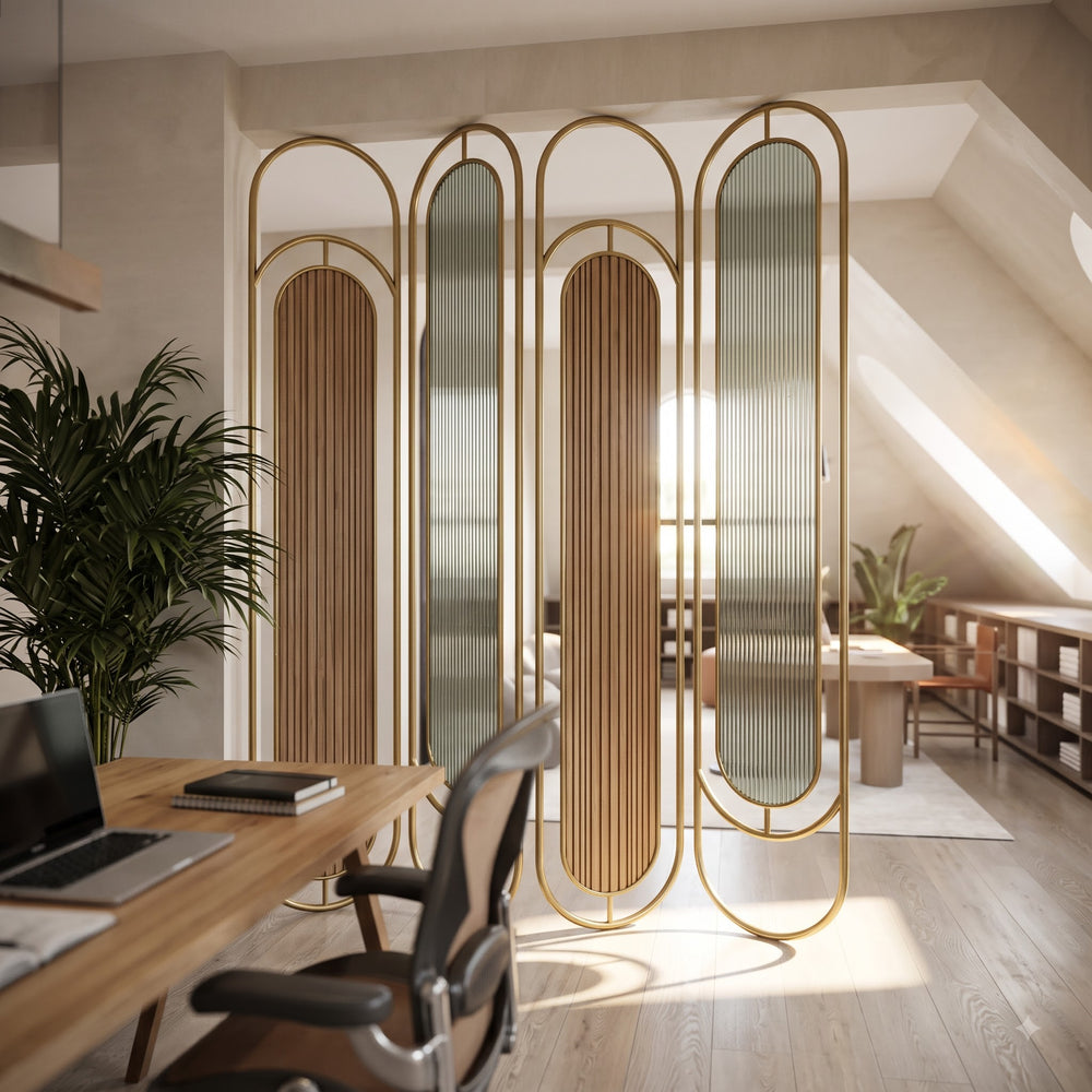 Luxury Golden Oval Frame Room Divider – Modern Ribbed Glass & Decorative Slat Partition