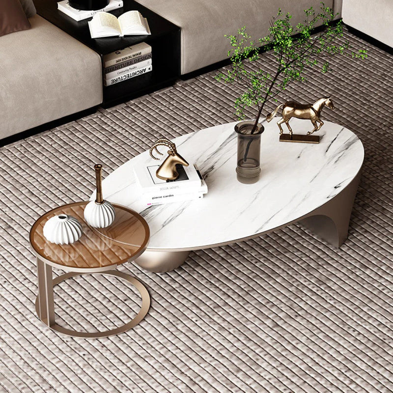Modern Oval Marble Coffee Table Set with Metallic Sphere Base & Wooden Side Table - marble center table for living room - view 1 | Kraft Vision