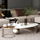 Modern Oval Marble Coffee Table Set with Metallic Sphere Base & Wooden Side Table - marble center table for living room - view 3 | Kraft Vision