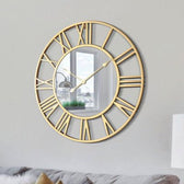 Elegant Gold Roman Numeral Wall Clock with Mirror Center - gold-finished metal furniture for entryway or bedroom | Kraft Vision