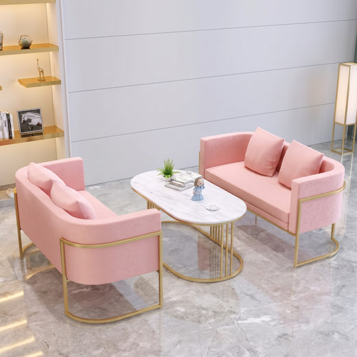 Luxury Pink Velvet Barrel Accent Chair with Gold Stainless Steel Frame, Curved Cushioned Back and Throw Pillows, Modern Glam Armchair for Living Rooms, Bedrooms, Salons and Reception Areas
