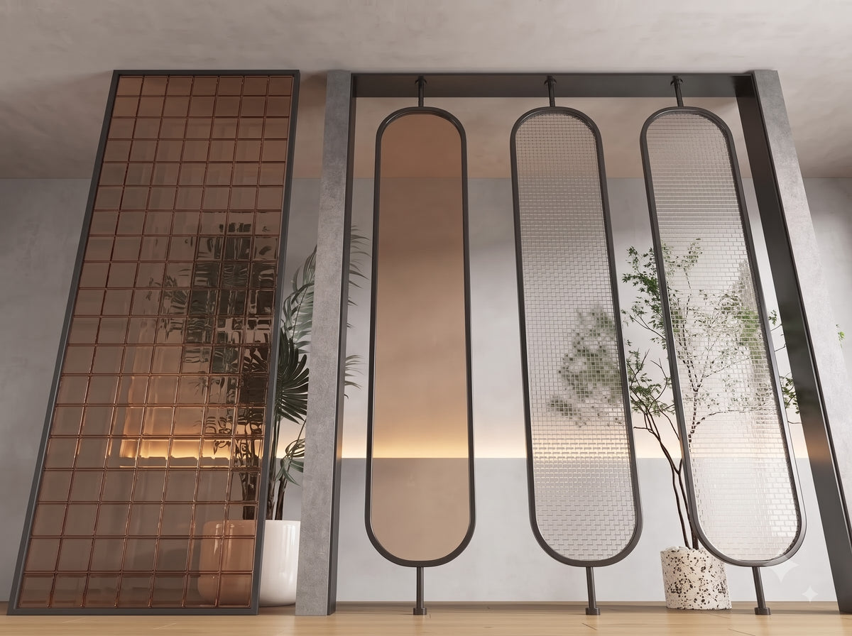Luxury Black Frame Room Divider with Bronze & Textured Glass Panels – Modern Designer Partition | Kraft Vision