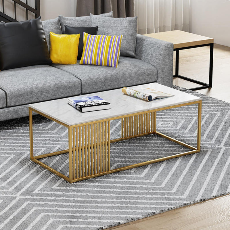 Modern Rectangular White Marble Coffee Table with Golden Stripe Base - marble center table for living room - view 1 | Kraft Vision