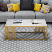 Modern Rectangular White Marble Coffee Table with Golden Stripe Base - marble center table for living room - view 2 | Kraft Vision