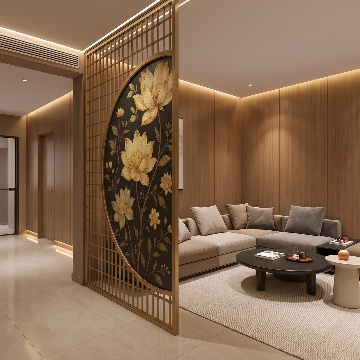 Luxury Golden Lotus Decorative Room Divider | Premium Designer Partition
