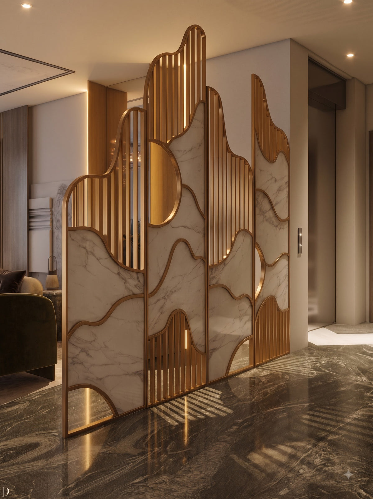 Luxury Golden Wavy Marble Room Divider – Modern Designer Decorative Partition Screen